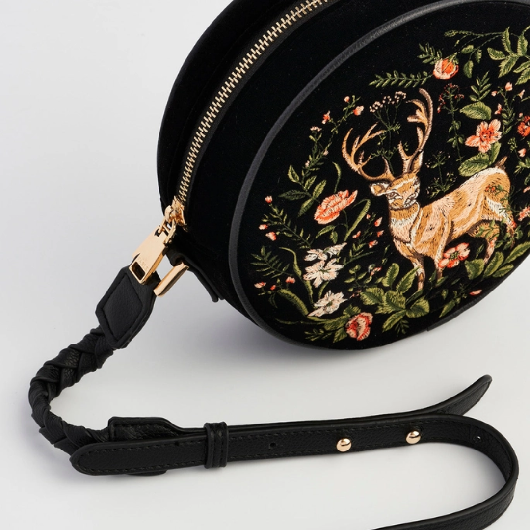 Fawn Embroidered Black Circle Bag