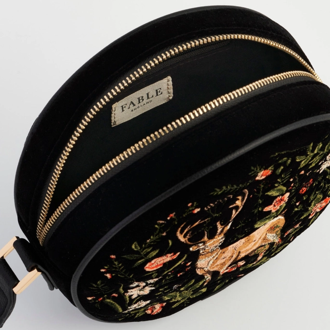 Fawn Embroidered Black Circle Bag