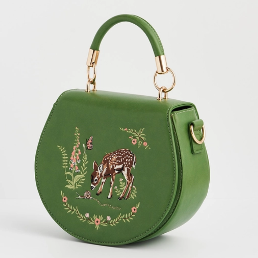 Fawn &amp; Snail Green Embroidered Top Handle Bag