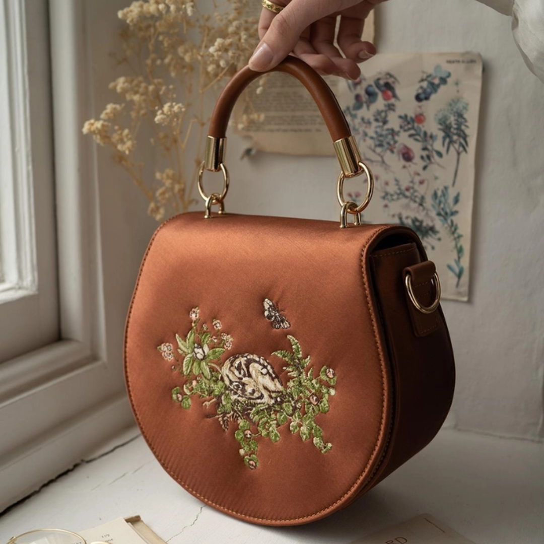 Sleepy Fawn Embroidered Satin Saddle Purse