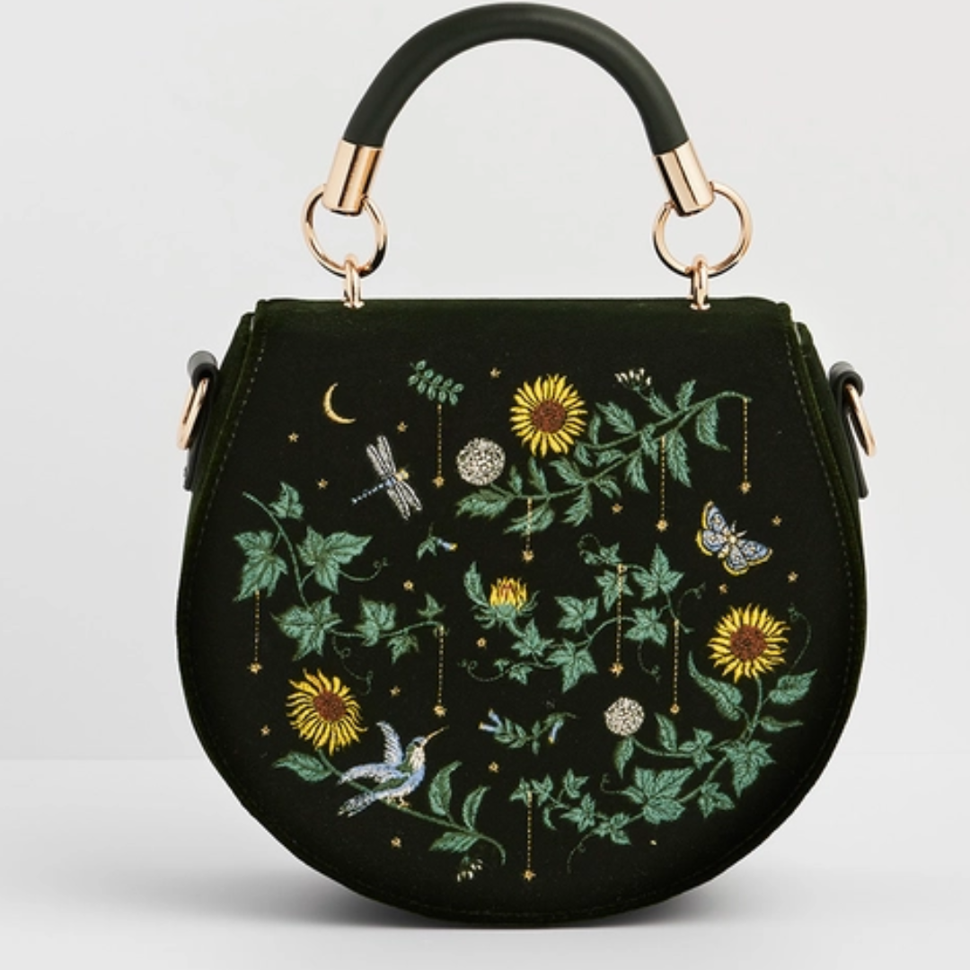Sunflower Green Velvet Embroidered Top Handle Bag