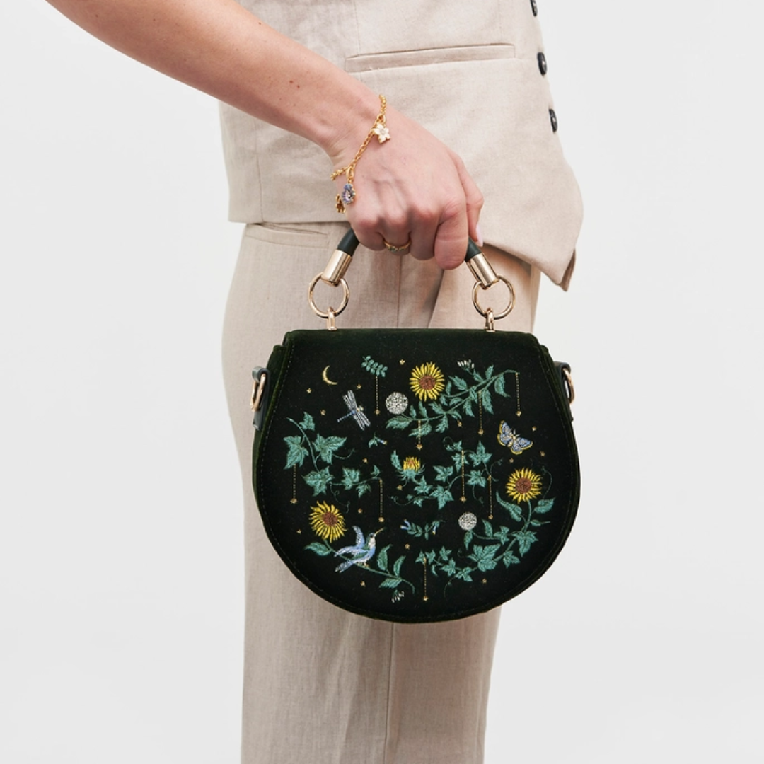 Sunflower Green Velvet Embroidered Top Handle Bag