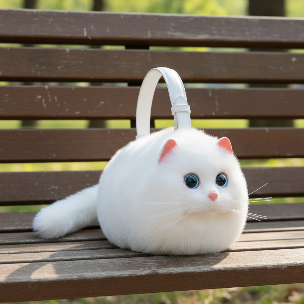 Realistic White Faux Fur Cat Bag