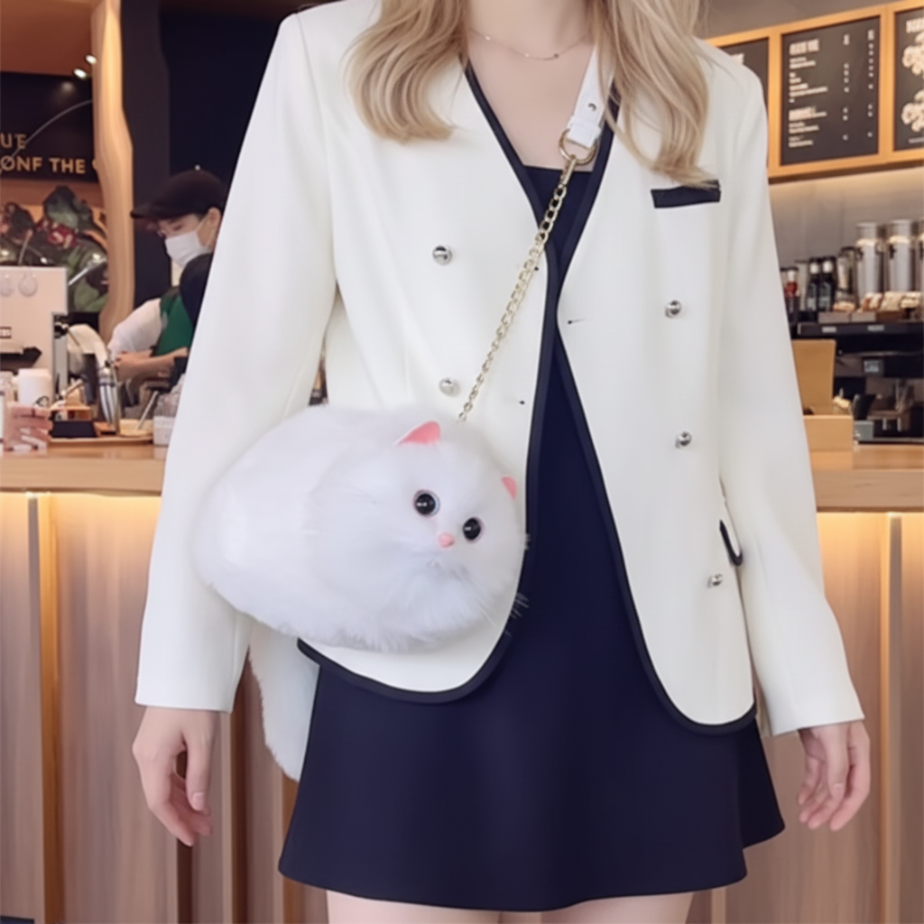 Realistic White Faux Fur Cat Bag