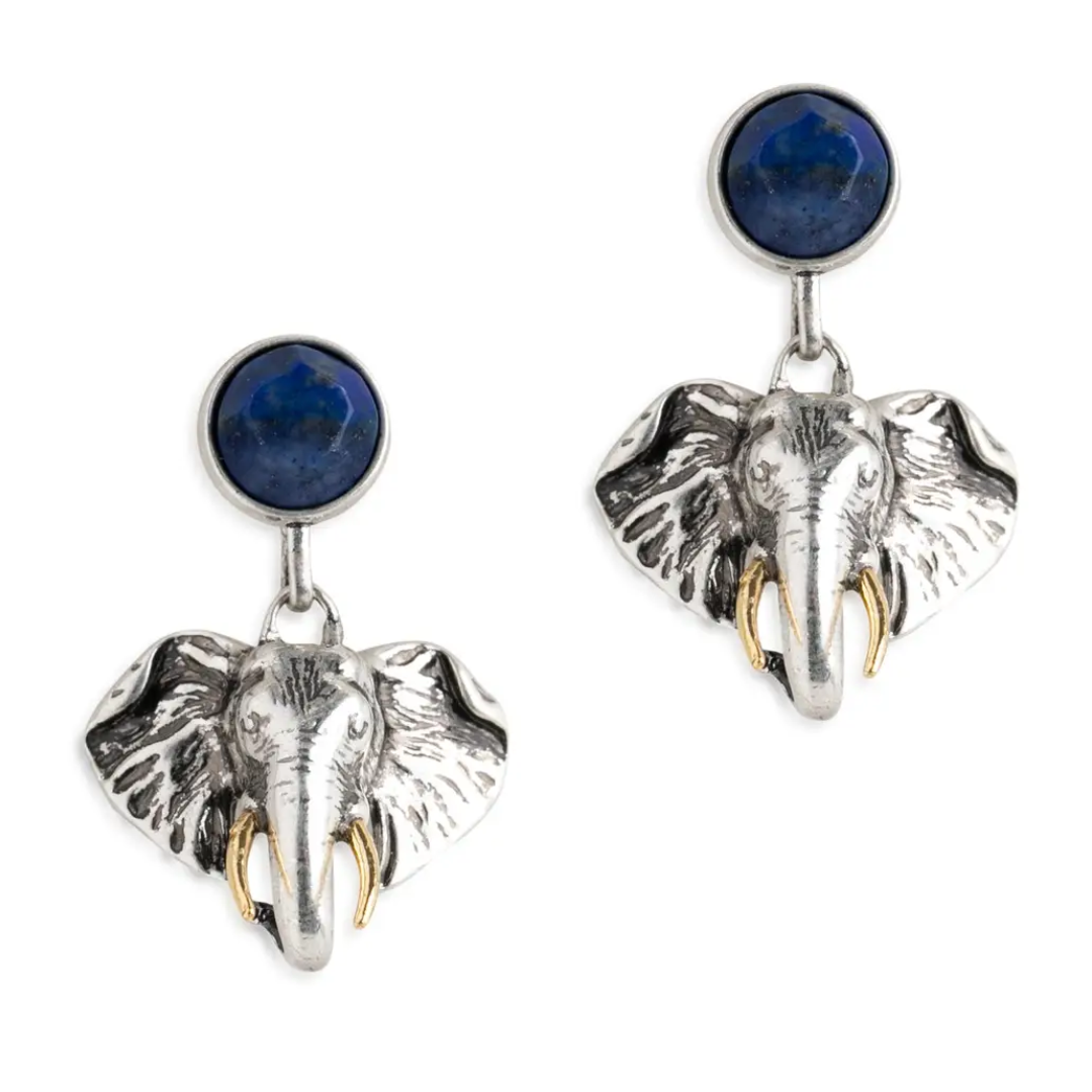 Elephant Head and Lapis Drop Earrings
