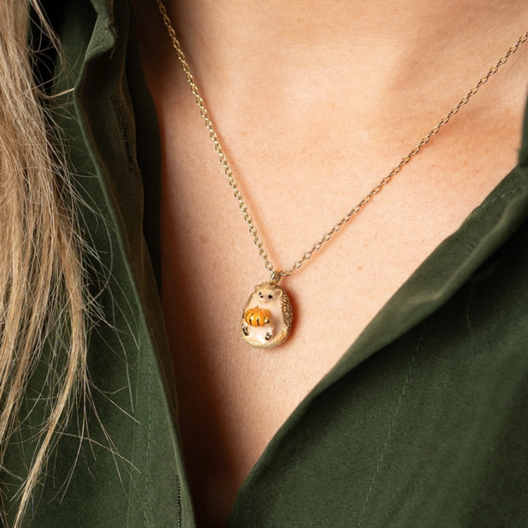 Hedgehog &amp; Pumpkin Pendant Necklace