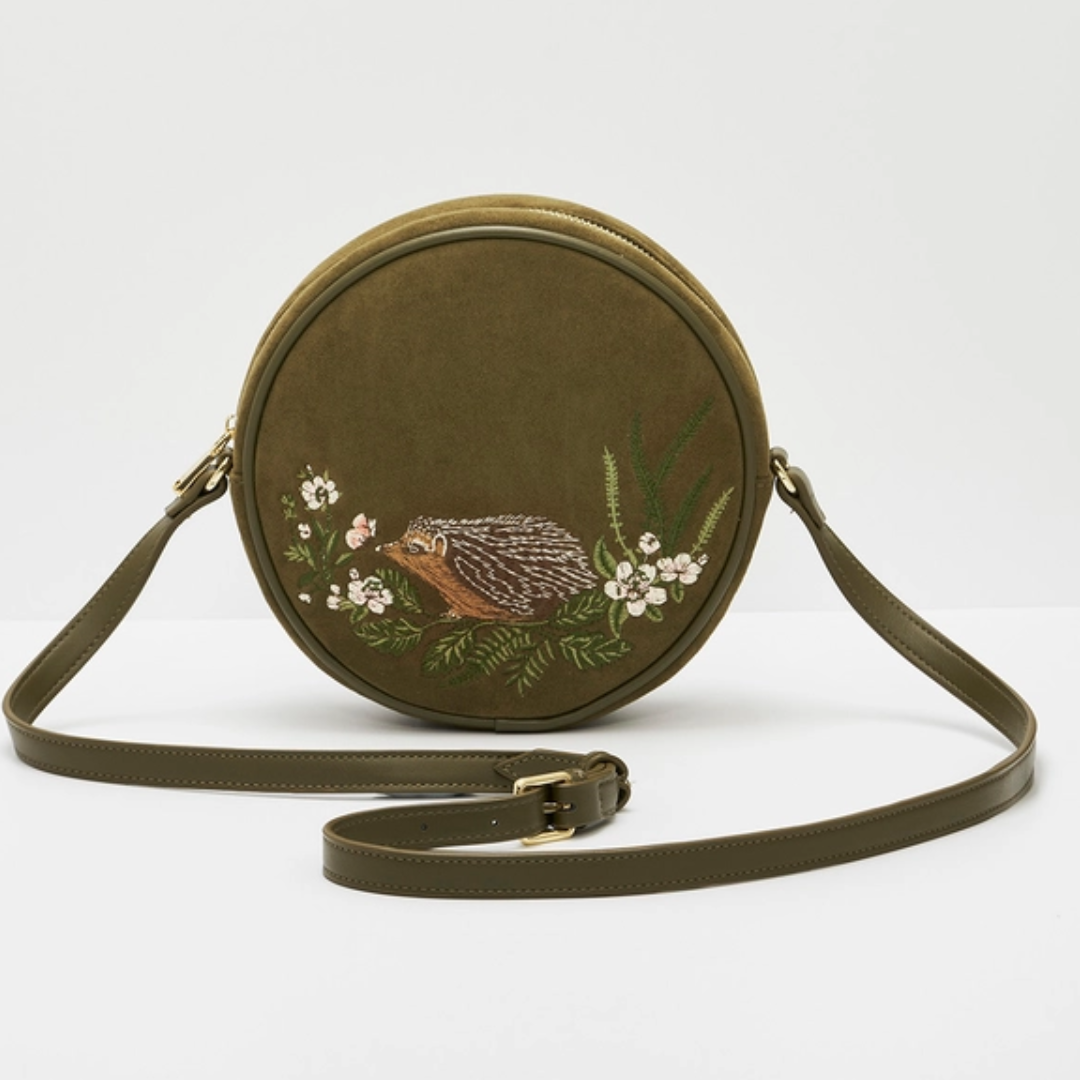Chloe Hedgehog Embroidered Circle Bag in Khaki Suede