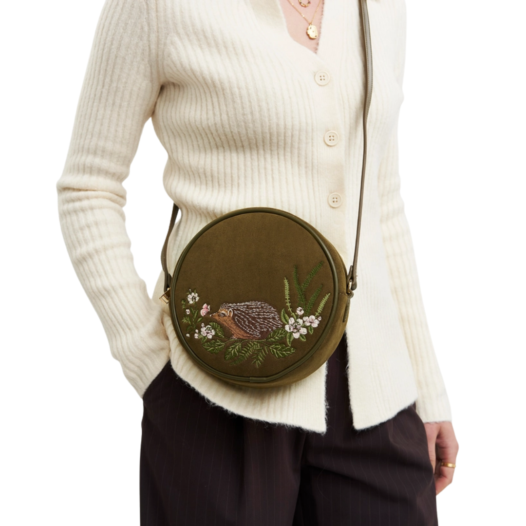 Chloe Hedgehog Embroidered Circle Bag in Khaki Suede