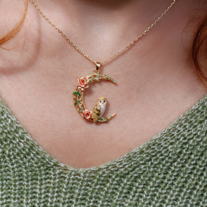 Bill Skinner Barn Owl &amp; Crescent Moon Gold-Plated Necklace worn by a model