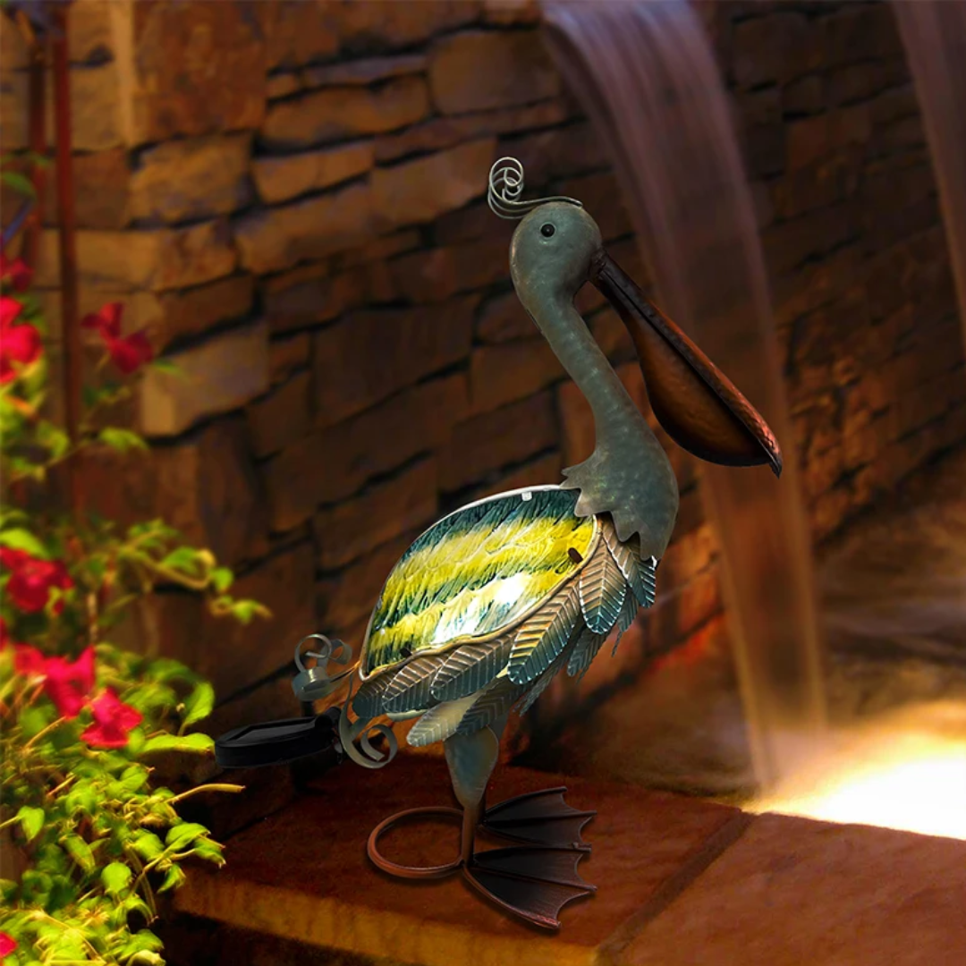 Solar Metal Pelican Garden Sculpture - Floral Fawna