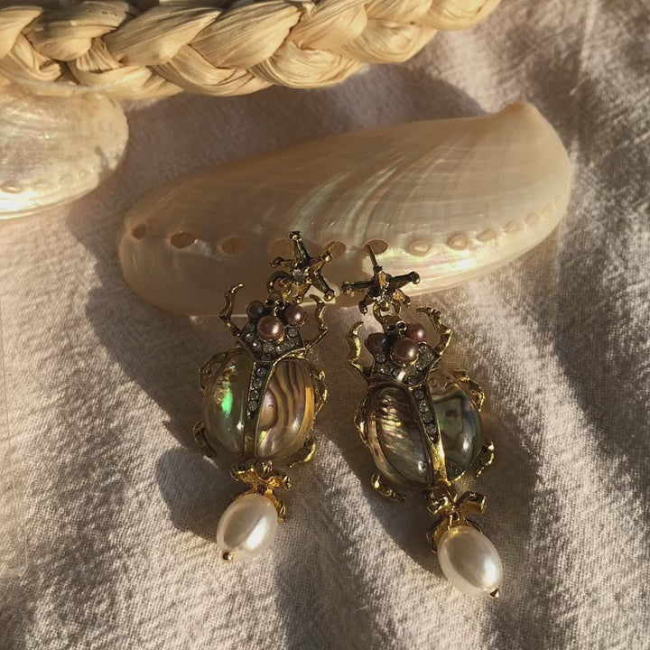 Beetle earrings with deals dangling pearls