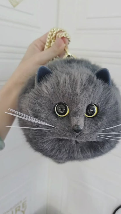 Realistic Grey Faux Fur Cat Bag