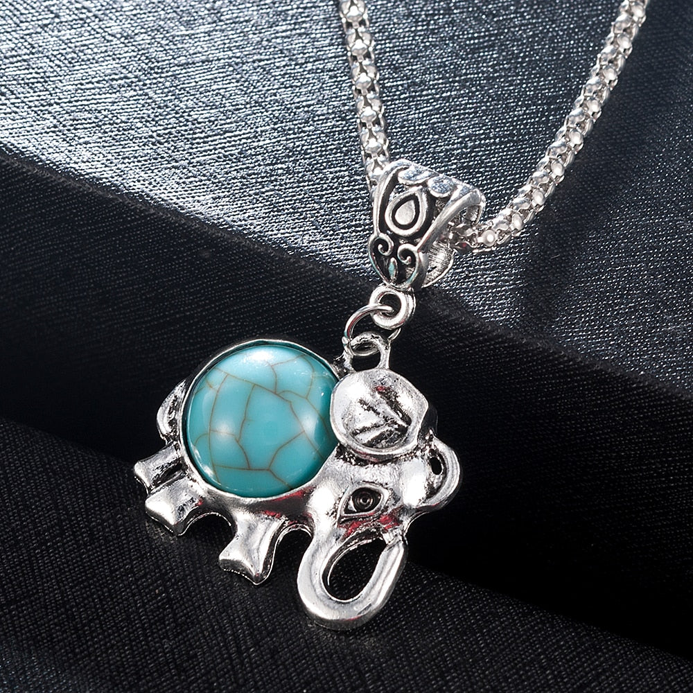 Antique Silver Turquoise Elephant Necklace - Floral Fawna