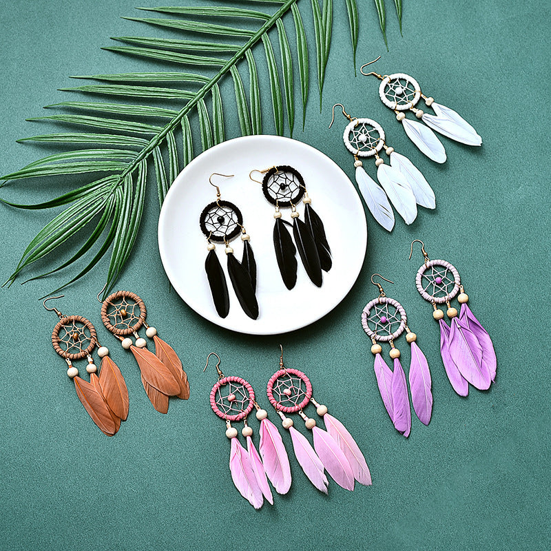 Bohemian Feather Dream Catcher Earrings - Floral Fawna