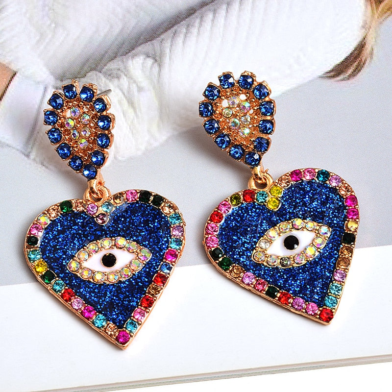 Rhinestone Heart Eye Earrings - Floral Fawna
