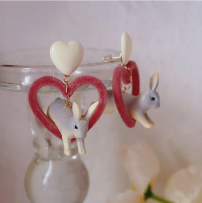 Kawaii Rabbit Heart Earrings - Floral Fawna
