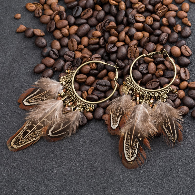 Feather Tassel Pendant Earrings - Floral Fawna