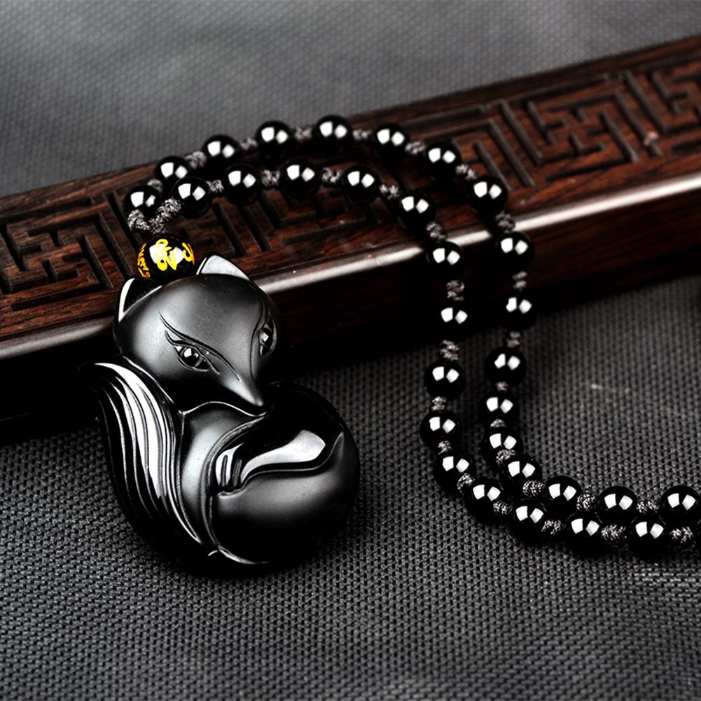 Obsidian Carved Fox Amulet - Floral Fawna