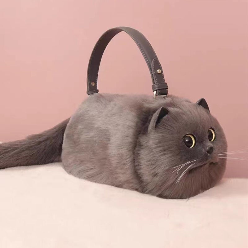 Realistic Grey Faux Fur Cat Bag - Floral Fawna