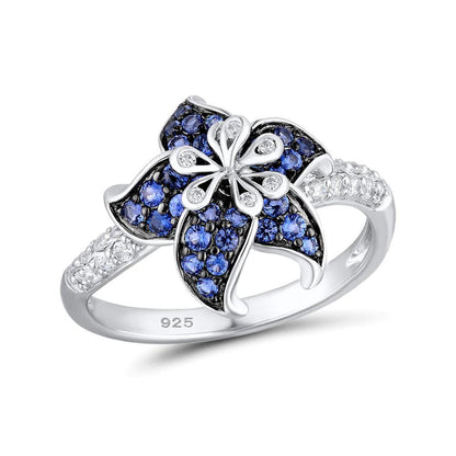 Blue Blooming Flower Silver Ring and Earrings Set - Floral Fawna