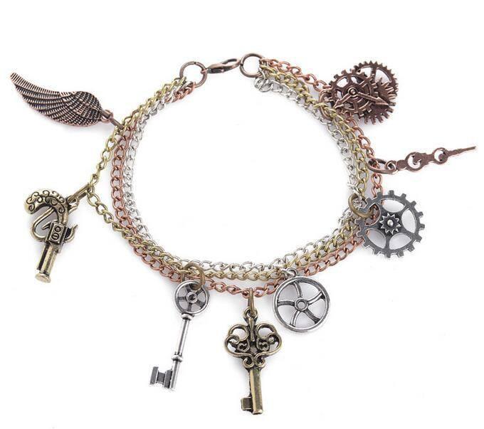 Gears, Wings &amp; Keys Steampunk Charm Bracelet - Floral Fawna