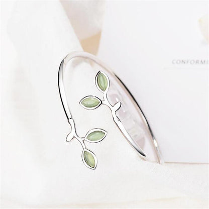 Green Opal Leaves Silver Bangle - Floral Fawna