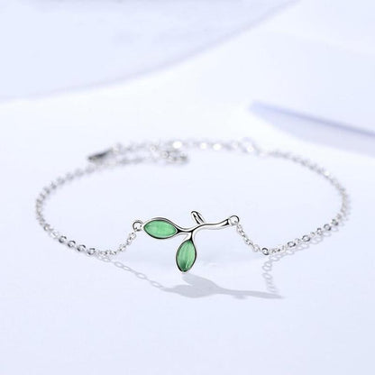 Green Opal Leaves Sterling Silver Bracelet - Floral Fawna
