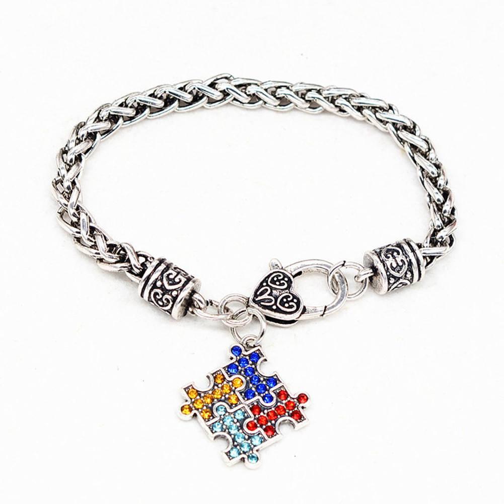 Multicolored Rhinestone Puzzle Autism Bracelet - Floral Fawna