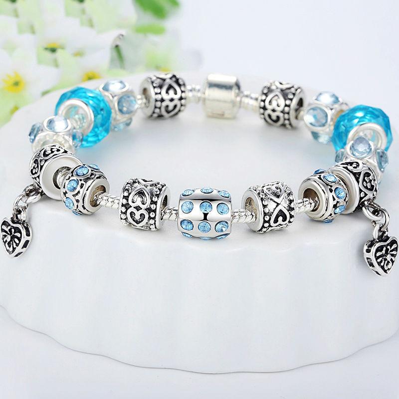 Silver Crystal Bracelet With Blue Murano Glass Beads - Floral Fawna