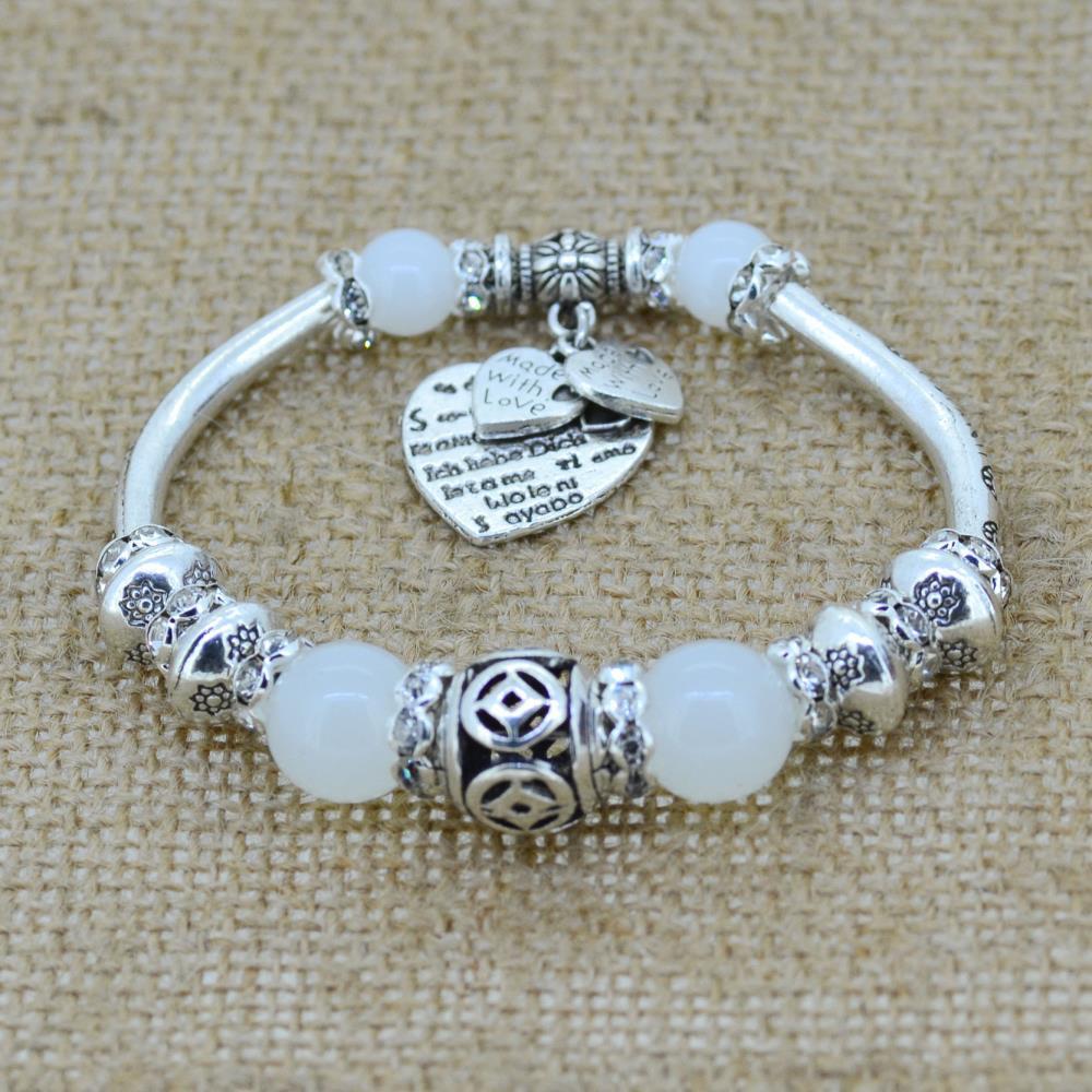 Sterling Silver Heart Charm Bracelet with Glass Beads - Floral Fawna