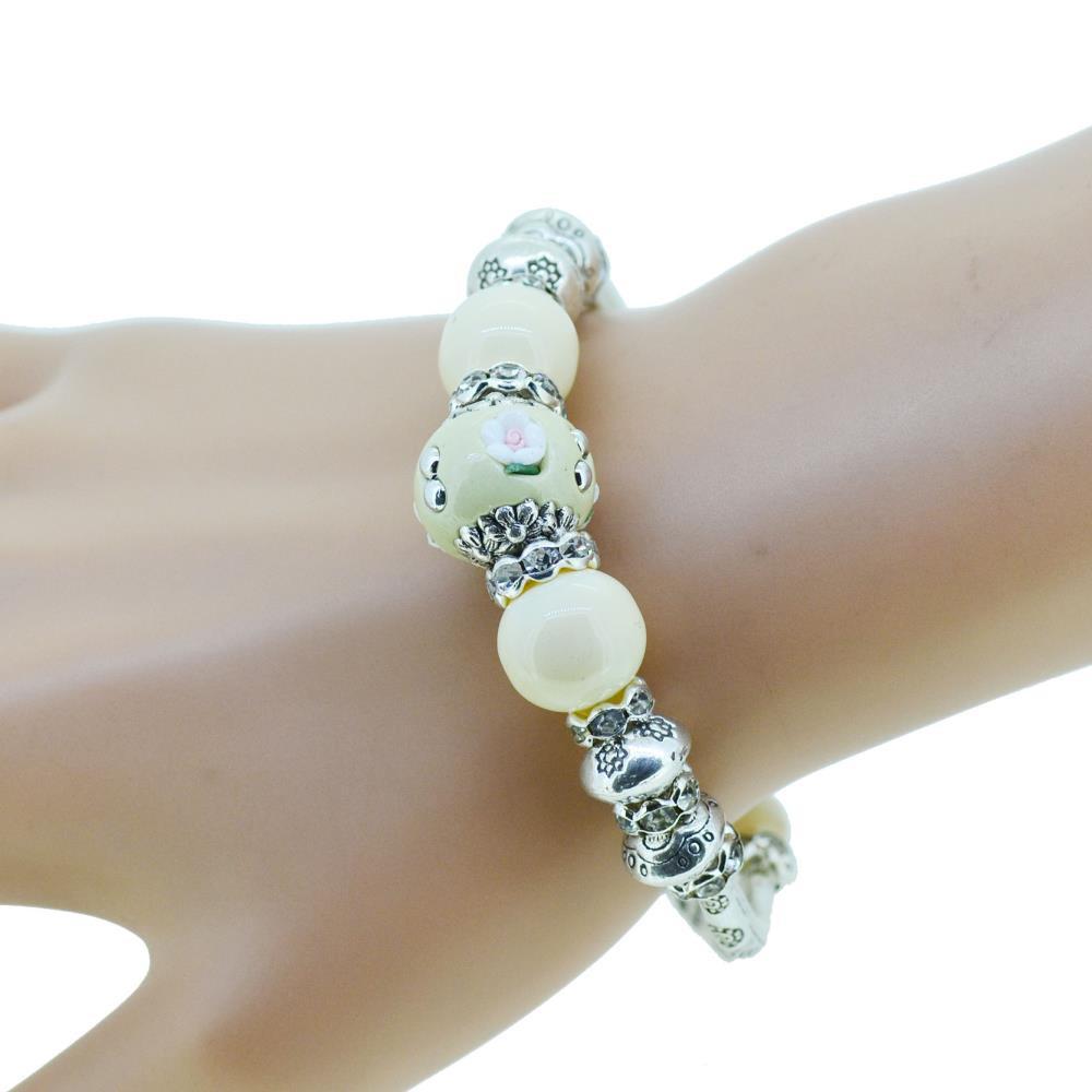 Sterling Silver Heart Charm Bracelet with Glass Beads - Floral Fawna