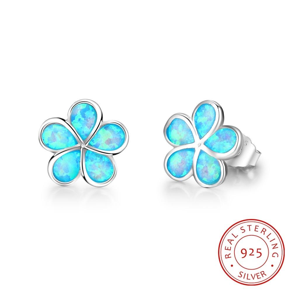 Blue Opal Flower Sterling Silver Earrings - Floral Fawna