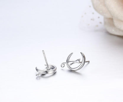 Cat &amp; Moon Sterling Silver Stud Earrings - Floral Fawna