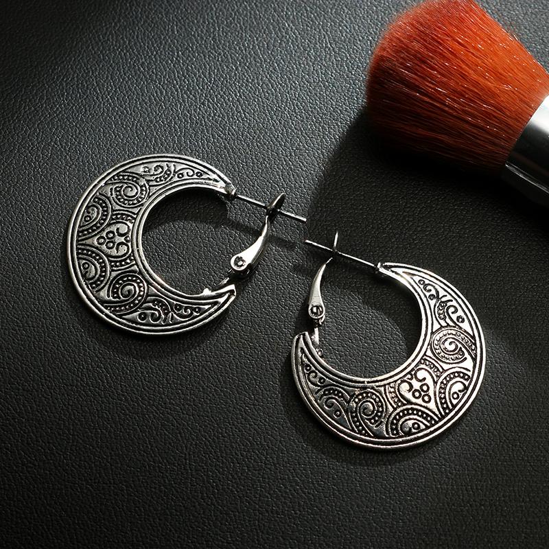 Ethnic Style Carved Moon Earrings - Floral Fawna