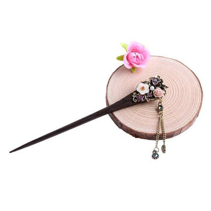 Vintage Style Rhinestone Flowers Wooden Hair Stick - Floral Fawna