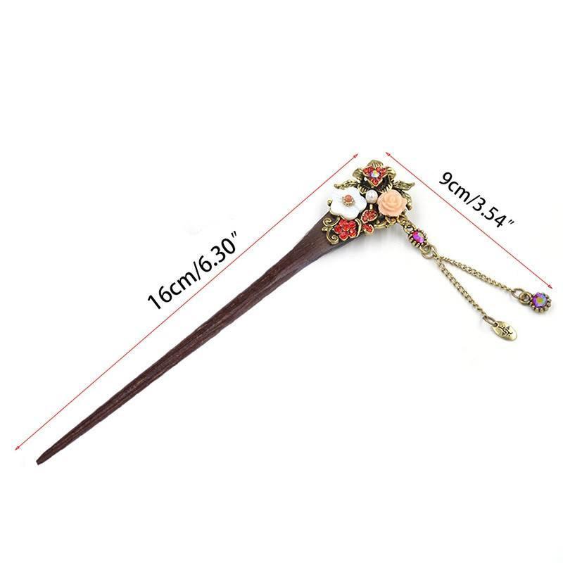 Vintage Style Rhinestone Flowers Wooden Hair Stick - Floral Fawna
