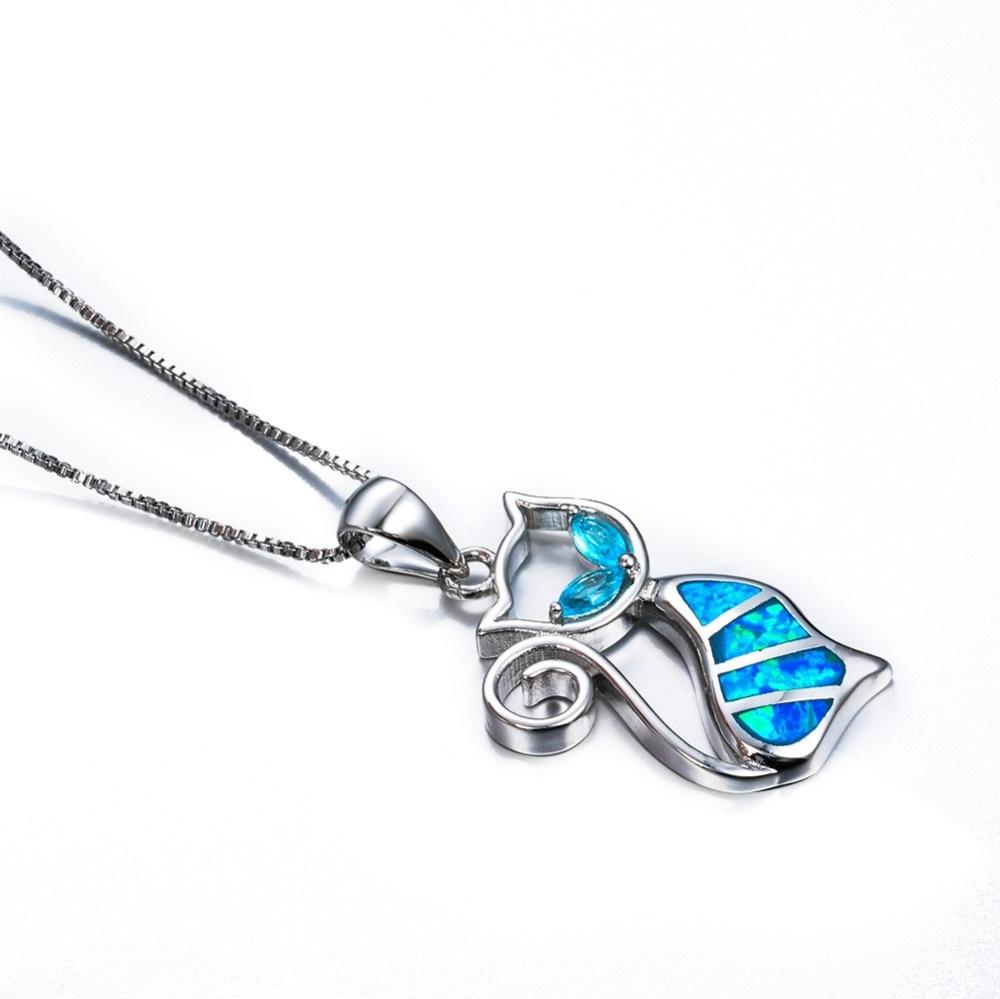 Blue Fire Opal Cat Sterling Silver Necklace - Floral Fawna