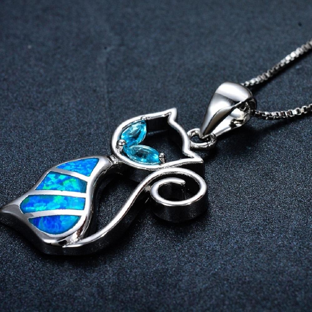 Blue Fire Opal Cat Sterling Silver Necklace - Floral Fawna