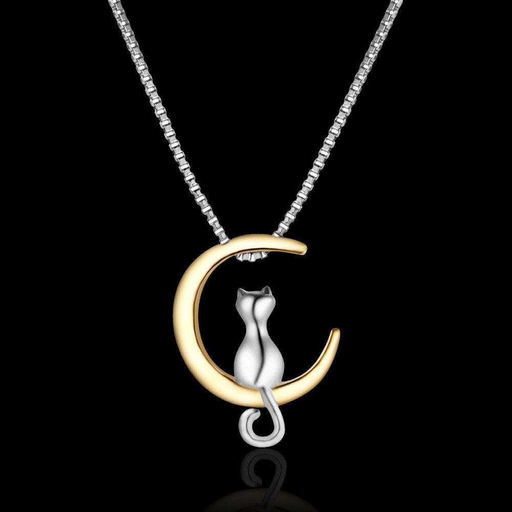 Cat And Moon Silver Necklace - Floral Fawna