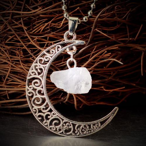 Crescent Moon &amp; Natural Stone Crystal Necklace - Floral Fawna