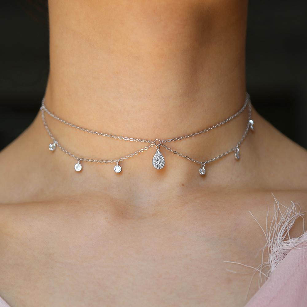 Dangling Crystals Sterling Silver Choker Necklace - Floral Fawna