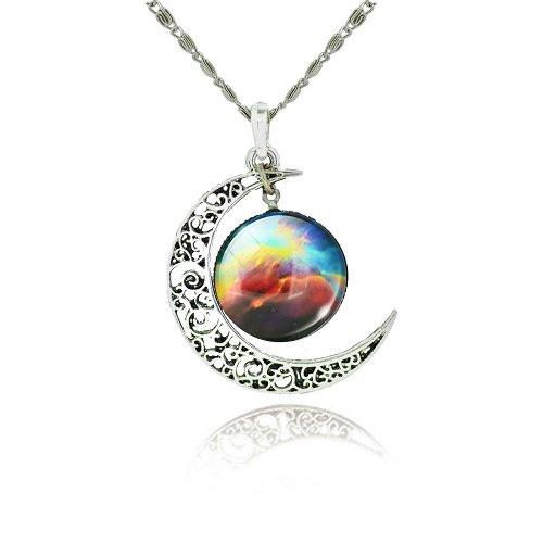 Galaxy Cabochon Crescent Moon Silver Necklace - Floral Fawna