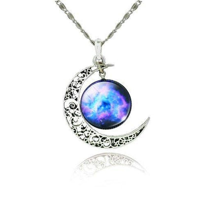 Galaxy Cabochon Crescent Moon Silver Necklace - Floral Fawna