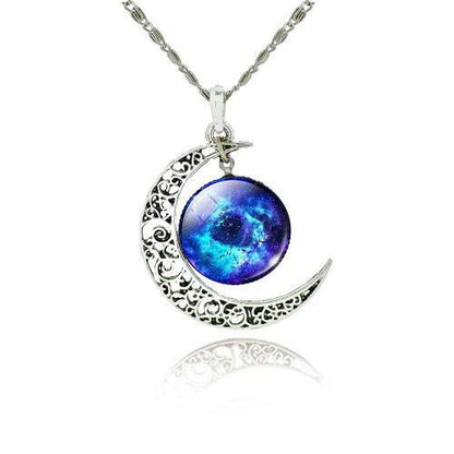 Galaxy Cabochon Crescent Moon Silver Necklace - Floral Fawna