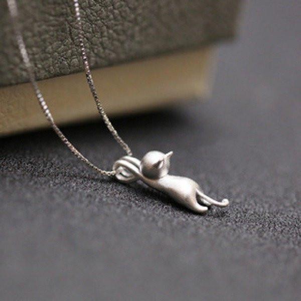 Hanging Cat Silver Necklace - Floral Fawna