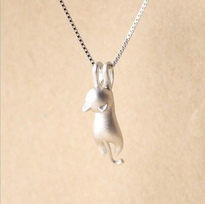 Hanging Cat Silver Necklace - Floral Fawna