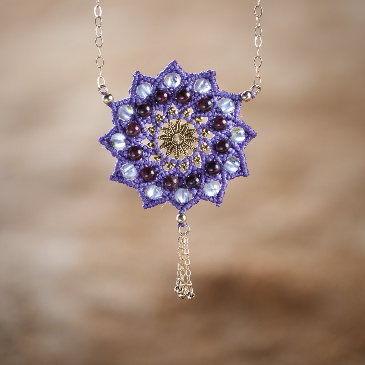 Macrame &amp; Crystals 12 Sided Mandala Necklace - Floral Fawna