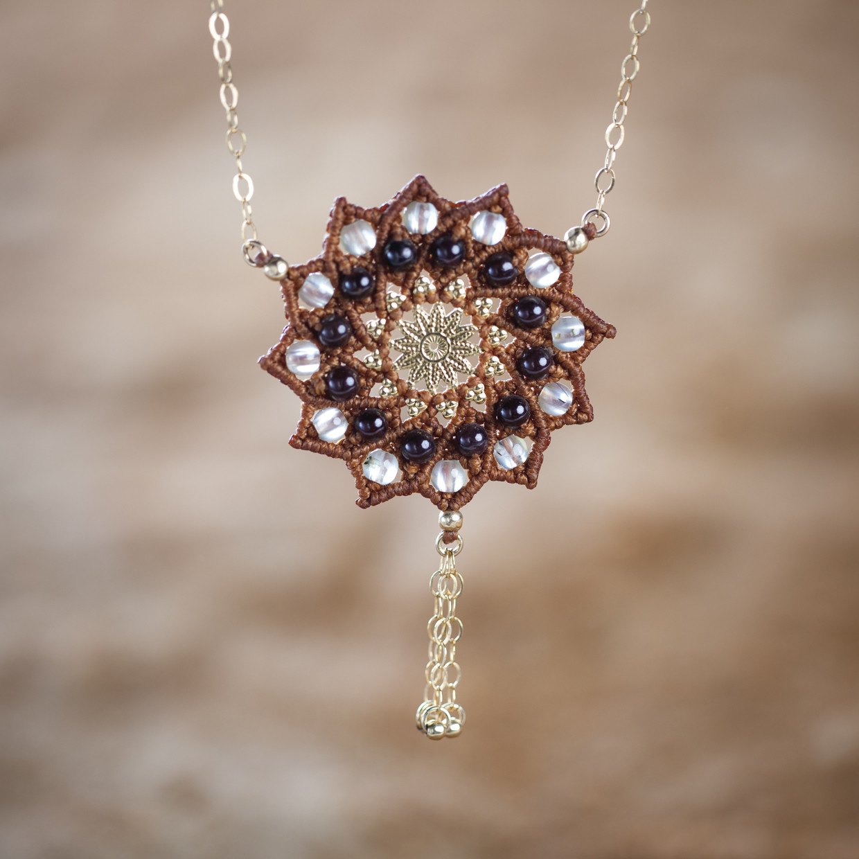 Macrame &amp; Crystals 12 Sided Mandala Necklace - Floral Fawna