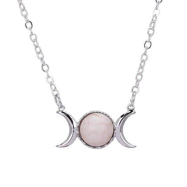 Natural Stone Triple Moon Goddess Necklace - Floral Fawna