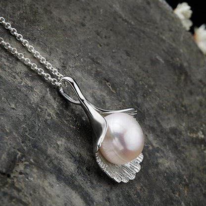 Pearl In Ginkgo Leaf Sterling Silver Necklace - Floral Fawna